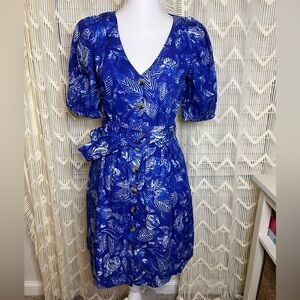 NWT French Connection Island Floral Button V Neck Dress Blue Size 6US